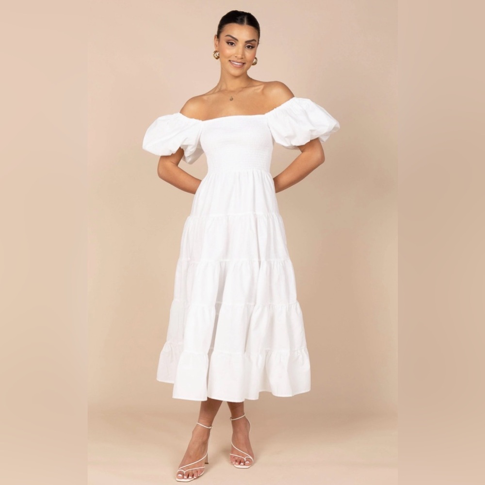 Boho Off-Shoulder Puff Sleeve Midi Dress | White | Size Medium